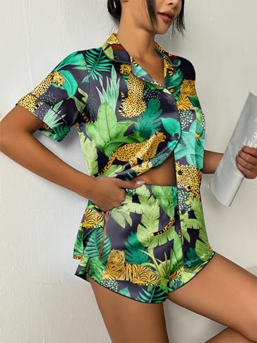 Image of Ekouaer Womens Silk Satin Pajama Set Print Short Sleeve Sleepwear Button Down Pjs Shorts Set Loungewear
