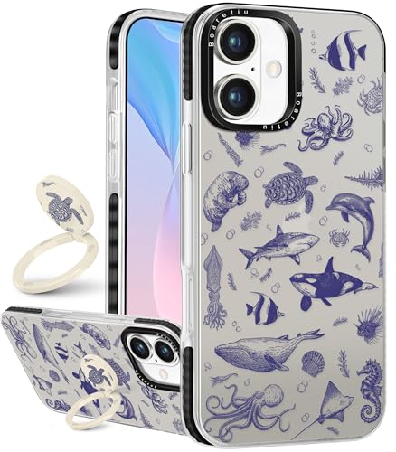 Boaretiu Cute Kawaii for iPhone 16 Plus Case with Stand - Fashion Cool 360° Rotate Ring Holder Kickstand Sea Fish Design for Women Girls Boys Teens Girly for iPhone 16 Plus Phone Case