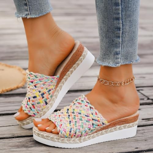Platform Espadrille Sandals for Women Wedges Slides,Multicolor Sandals for Women,2025 Orthopedic Woven Open Toe Casual Slip on Sandals,Comfortable Wide Width Walking Dress Shoes for Beach Vacation3