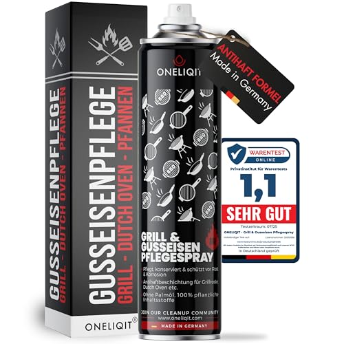ONELIQIT® Grill & Gusseisen Pflegespray 400ml, Grill Spray mit Antihaftfunktion verhindert Anhaften des Grillguts, Non Stick Spray für die Pflege von Grillrost, Dutch Oven, Pfannen