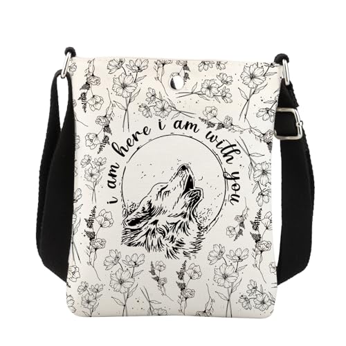 Borsa a tracolla con lupo, romanzo fantasy, regalo per lettori, regalo ispirato ai libri, con scritta 'I Am Here I Am With You', bianco