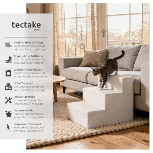 tectake® Hundetreppe oder Katzentreppe, Haustiertreppe, Einstiegshilfe mit waschbarem Bezug, extra Flache Treppenstufen, Tiertreppe für Sofa, Bett oder Auto (Sand, 37 x 45 x 34,5 cm, 3)