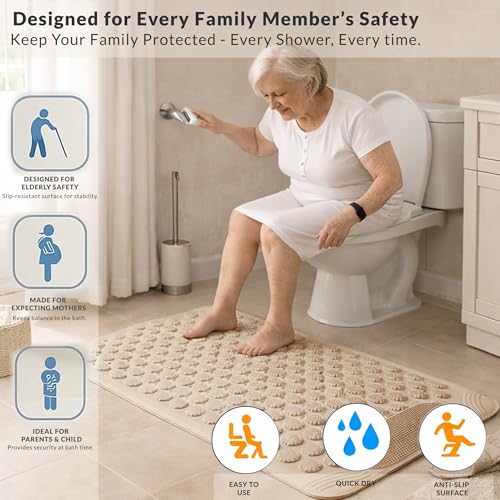 Image of HOMEZE Rectangular Anti Skid Bath Mat, 70 X 35, Beige | Foot Scrubber, Suction Cups, Drain Holes, Silicone, For Kids & Adults