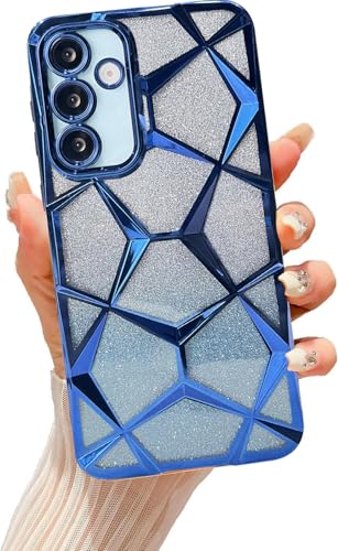 Image of VONZEE Gradient Glitter Case for Samsung S24 FE, Luxury Electroplated 3D Cube, Diamond Bling Shiny Soft TPU Clear Shockproof Women Girls Protective Phone Cover (Blue)