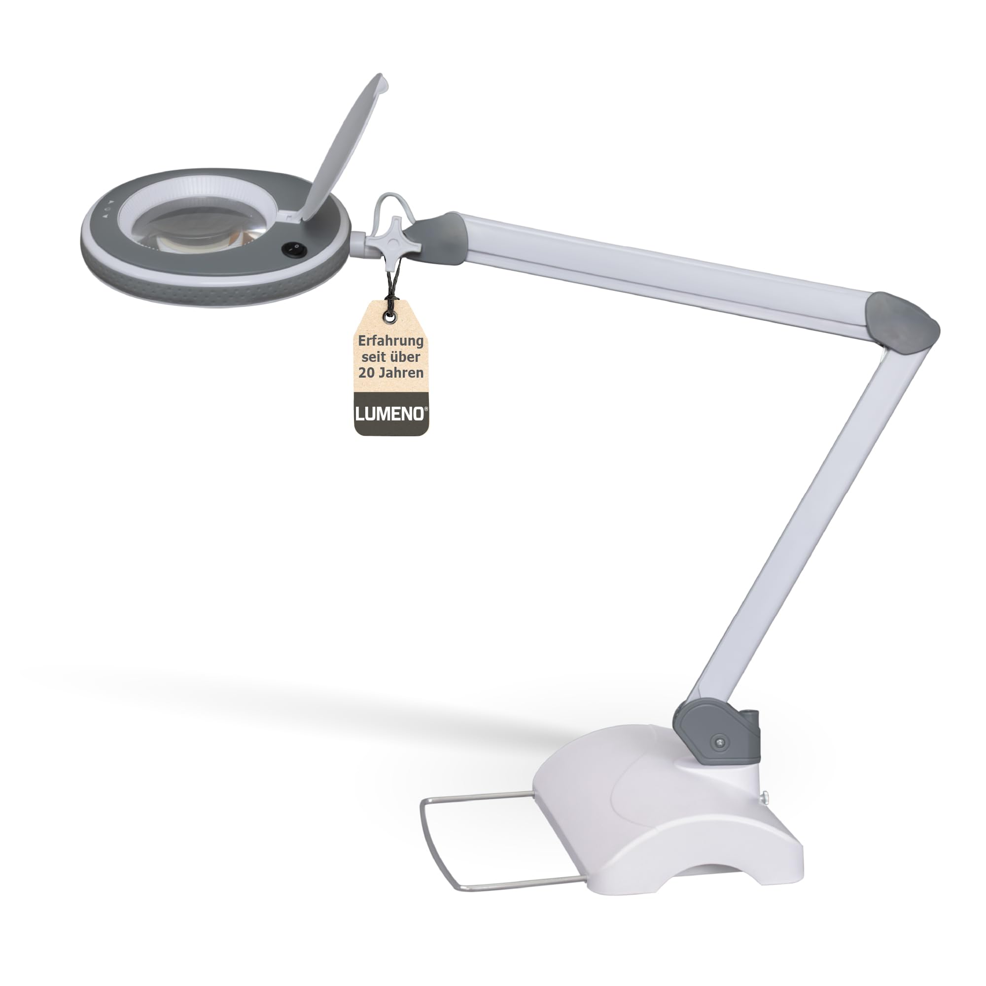 Lumeno 8215GR LED Lupenleuchte Arbeitsplatzleuchte Kosmetiklampe, einstellbare Helligkeitsstufen, kristallklare 127 mm Glaslinse, Lesehilfe/Lupe, 5 Dioptrien mit Tischfuß