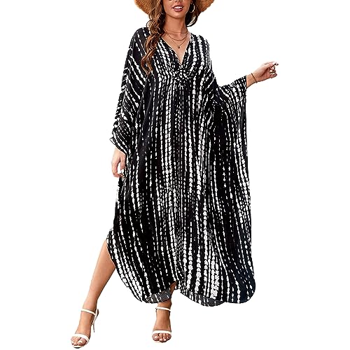 Image of sunforyou Kaftan Dresses for Women Plus Size Lightweight Swimsuit Cover up Batwing Sleeve Print Loungewear Beach Robe