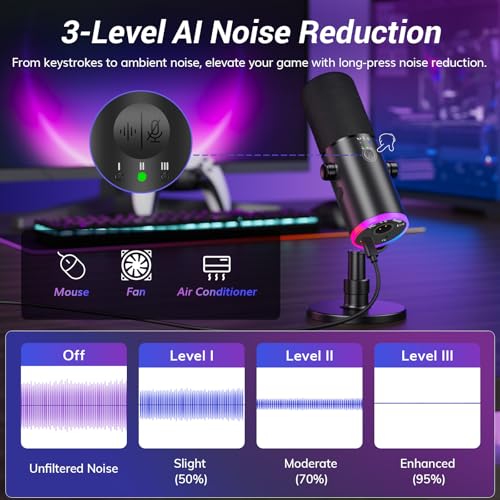 Image of TONOR Dynamic Gaming Microphone XLR /USB Mic with AI Noise Cancellation | Desktop Stand Set, RGB, Tap Mute, 3.5mm Jack, Gain Control, Microfono for Content Creators, Black, TD510 AIR S