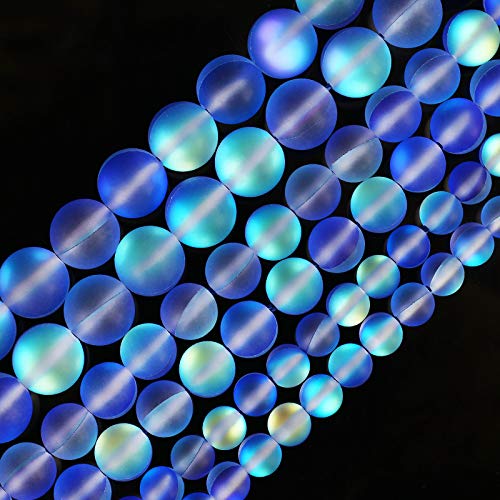 Matte Blue Aurora Crystal Glass Beads, 8MM Frosted Glitter Shining Mermaid Round Loose Beads, Rainbow Holographic Synthetic Moonstone for Jewelry Making DIY Bracelet