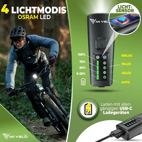MIVELO SMART Fahrradlicht Set 100LUX, 2000mAh Power-Akku, Auto-Sensor, StVZO zugelassen, USB...
