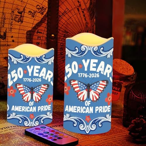 Image of 1776-2026 LED Candles 250th Anniversary Butterfly Pattern Battery Operated Flickering with Timer 4th of July American Pride Decor for Independence Day Living Room, 4 Pack