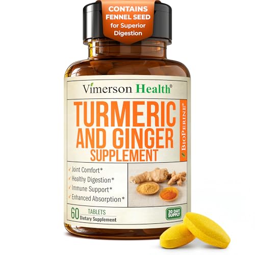 Turmeric Curcumin Supplement with Ginger Root for Joint Support, Digestive & Gut Health - Contains Organic Turmeric Curcumin with Black Pepper (Bioperine) for Enhanced Absorption - 60 Tablets