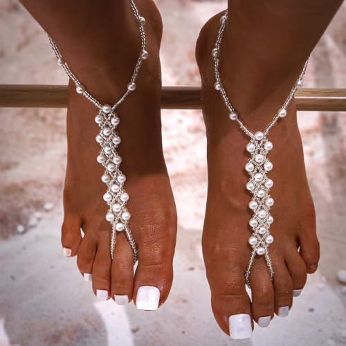 Image of Yalice 2Pcs Layered Pearl Barefoot Sandals Elastic Beaded Foot Chain with Toe Ring Bridal Beach Wedding Foot Jewelry for Women