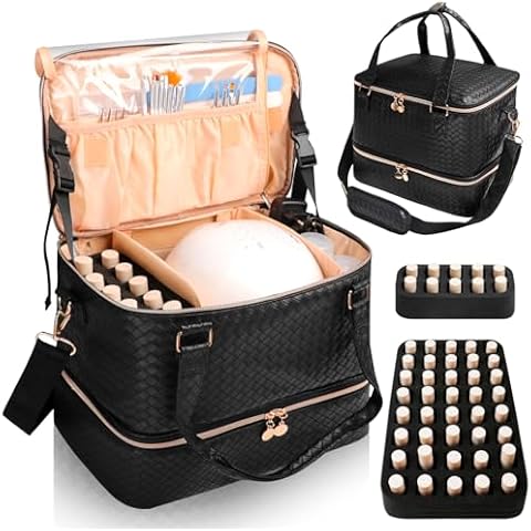 SIYNPAV Nail Polish Organizer Bag Holds 50 Bottles (15ml/0.5 fl.oz)& Nail Lamp, Vegan Leather Nail Kit Storage Case with Holder Staps, Portable Nail Supplies Organizer for Manicure Tools (Black) Cover