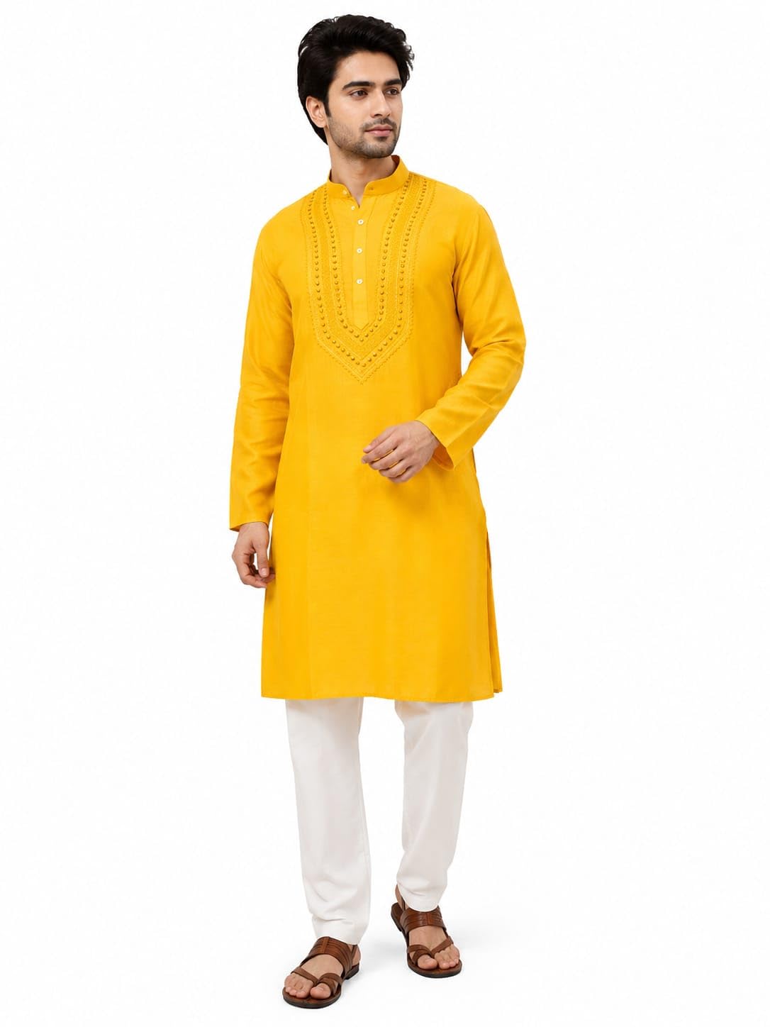 Men's Olive Yellow Designer Embroidered Kurta with White Pajama-image-35