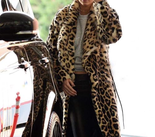 DJBM Women's Sexy Elegant Vintage Leopard Print Lapel Faux Fur Long Maxi Coat Jacket3