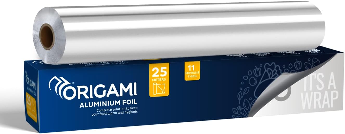 Origami Silver Aluminium Foil for Food Packing - 25m x 30cm, 11 Micron Thickness | Keeps Food Warm and Hygienic | Ideal for Storing, Packing, Wrapping, and Serving