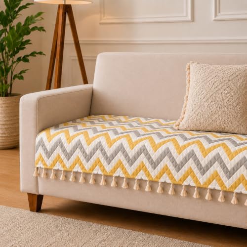Image of Velvet Quilted Sofa Cover for 1 Seater (24 x 24 Inches) | Yellow Zigzag | Anti-Slip Soft Washable Sofa Seat Cover | Furniture Protector with Tassels