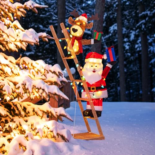 Tangkula 5.5 ft Lighted Reindeer & Santa on Ladder