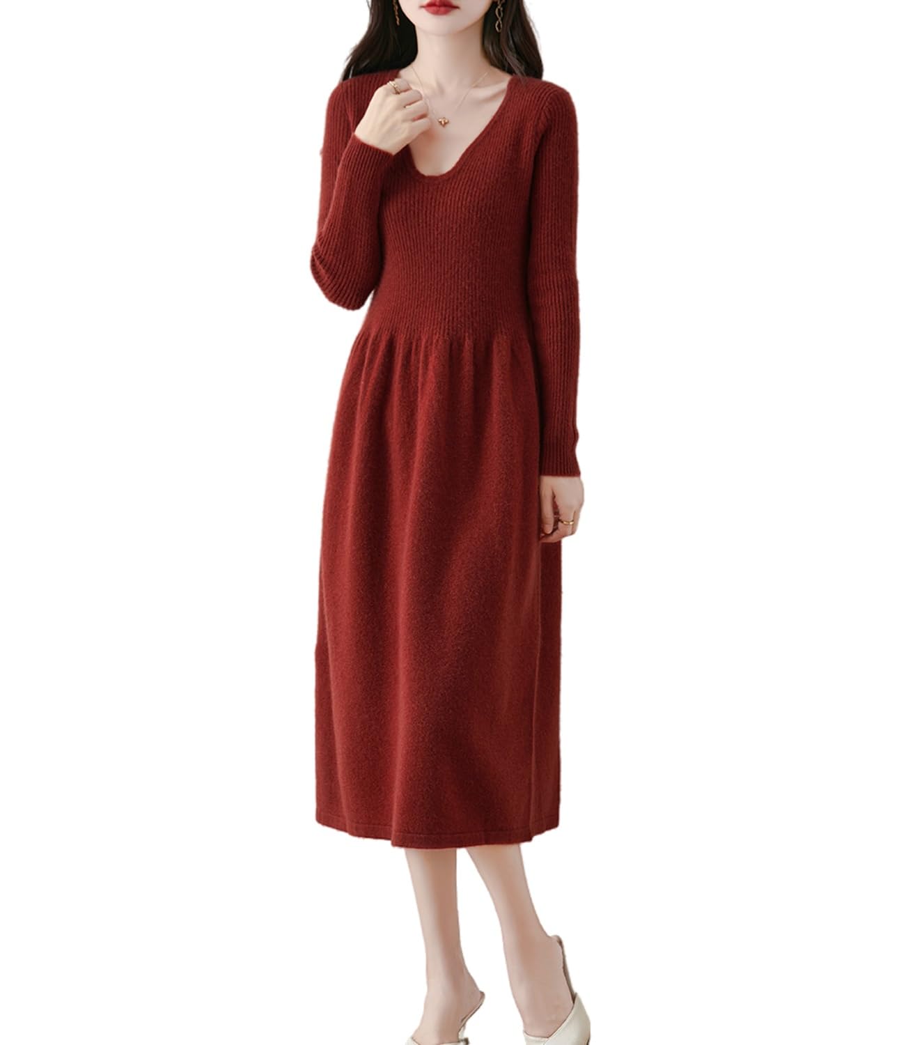 100 Merino Wool Sweater Dress Womens Long Sleeve Knitted V Neck Pullover Fall Winter Long Tops