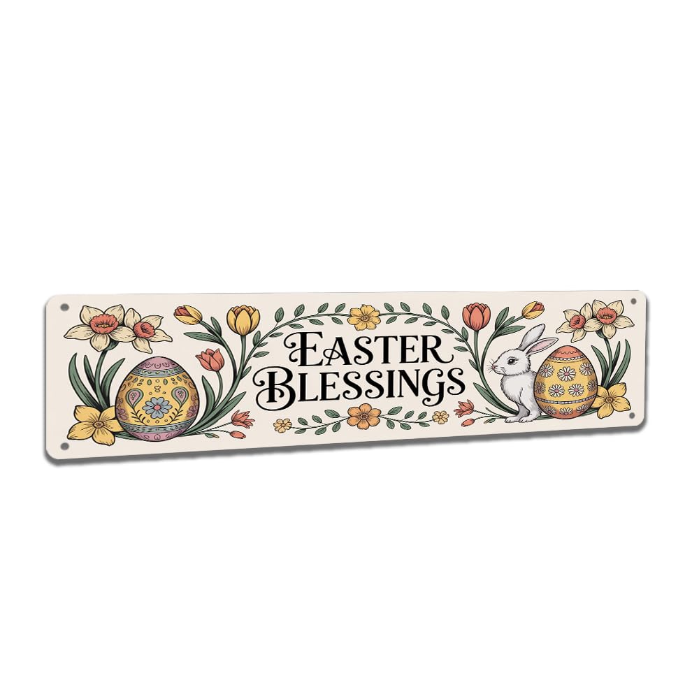 Peiyeety A001 Easter Blessings Vintage Metal Tin Sign, 4X16 Inch Rustic Easter Themed Wall Decor, Retro Sign For Home, Porch, Waterproof Tin Sign, Durable Wall Art