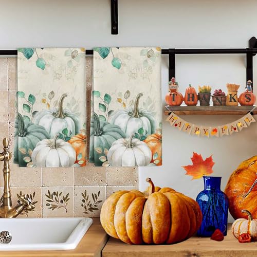 Image of Fall Kitchen Towels Harvest Pumpkin Thanksgiving Hand Towels Green Leaves Dish Towel Cleaning Cloth Soft Absorbent Quick Drying 4 Pack Dish Cloths for Kitchen, Bathroom Autumn Decoration