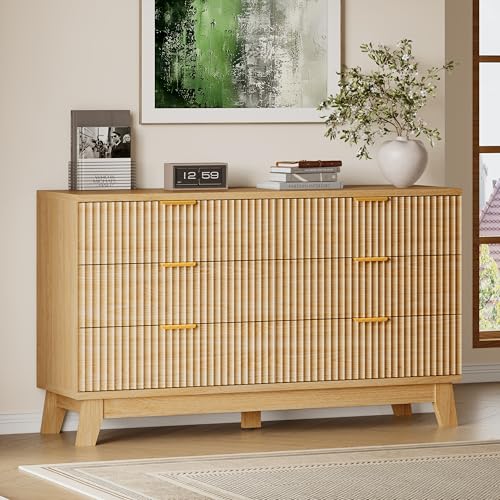Image of BORNOON 53 inch Long Dresser for Bedroom, 6-Drawer Dresser with Fluted Fronts, Wide Wood Chest of Drawers, Smooth Metal Slides, Stable Base, Modern Clothes Storage Cabinet for Living Room, Hallway