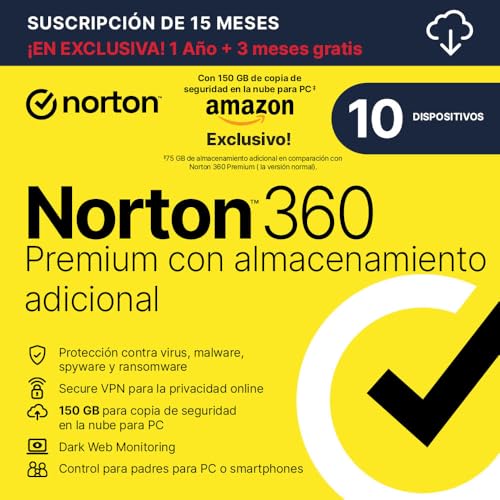 Norton 360 Premium Exclusivo Amazon*|Antivirus 10 Dispositivos|15 meses| Descarga digital