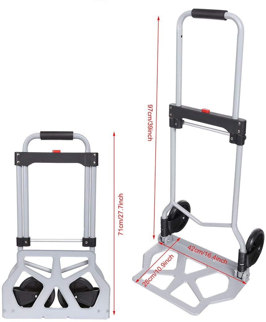 Nictemaw Transportkarre, Transportkarre, Sackkarre, faltbar, Belastung 100 kg, Handwagen mit 2 Rädern, mit Teleskopgriff aus Aluminium, silberfarben