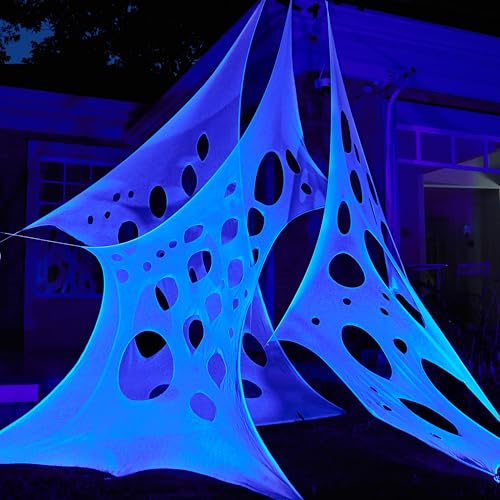 Image of JOYIN 1000sqft Halloween Spider Web Decoration Outdoor, Glow-in-the-Dark Giant Spiderweb, DIY Stretchy Flexible Beef Netting in White (Blue at Night) Green, Orange for Neon Decor Indoor Haunted House