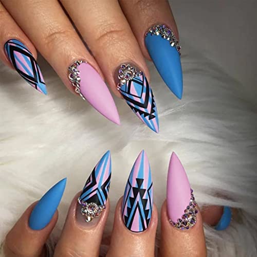 Press On Nails Medium Almond Fake Nails Acrylic False Nails With Blue And Black Color Contrast Designs Pink And Blue Full Cover Stick On Nails Matte Glue On Nails For Women #TOP8