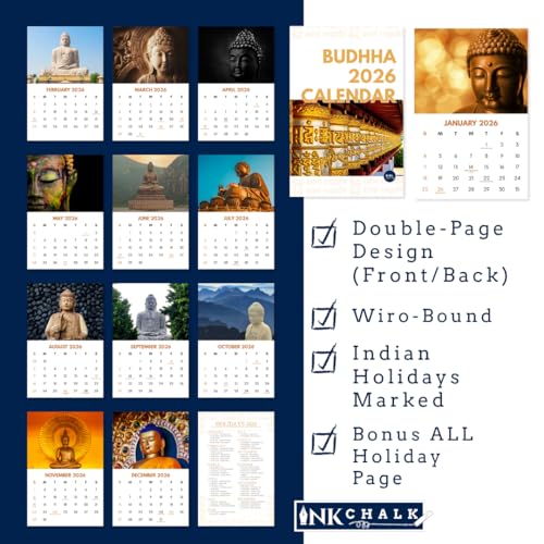 Image of 12 inchx18 inch Buddha Wall Calendar 2026 | HD Buddha Images | Bold Date Grid | Gloss Laminated | Indian Holidays | Wiro-Bound