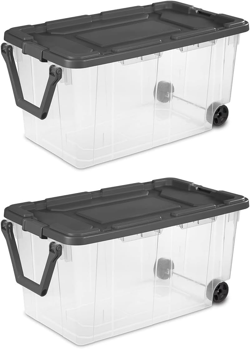 K&J CHIPMUNK Storage Bin 40 Gallon 160 Quart Plastic Rolling Stacker Box Wheeled Storage Box, Lidded Stackable Storage Bin Container for Home, Garage, and Camping Clear Base & Gray Lid 2-pack