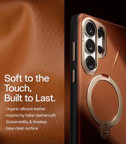Image of TORRAS Q3 VegSkin Original Imported S26 Ultra Case, 360 Magnetic Stand, MagSafe Compatible, Mil-Grade Drop Tested, Organic Silicone Leather Galaxy S26 Ultra Back Cover, Saddle Brown