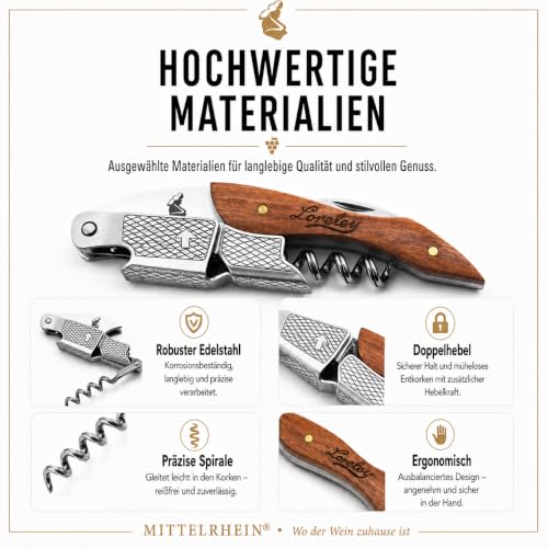 Foto von LORELEY® MITTELRHEIN Germany Premium Kellnermesser | Korkenzieher | Weinöffner | Flaschenöffner aus Olivenholz & Edelstahl für Kellner & Barkeeper | jeden Haushalt & Anlass | mit schwarzer Geschenkbox