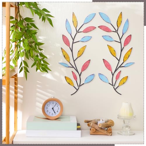 Image of Zhengmy 2 Pieces Metal Tree Leaf Wall Decor Vine Olive Branch Leaf Wall Art Living Room, Hallway Wall Decor Outdoor Decoration (Spring Colors)