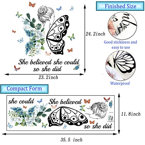 Girls Inspirational Wall Sticker Decal Wall Art Quote She Believed She Could So She Did Wall Decal Butterfly Motivational All Stickers Peel And Sticker Wall Decoration For Women Girls Bedroom Living Room Decor #TOP6