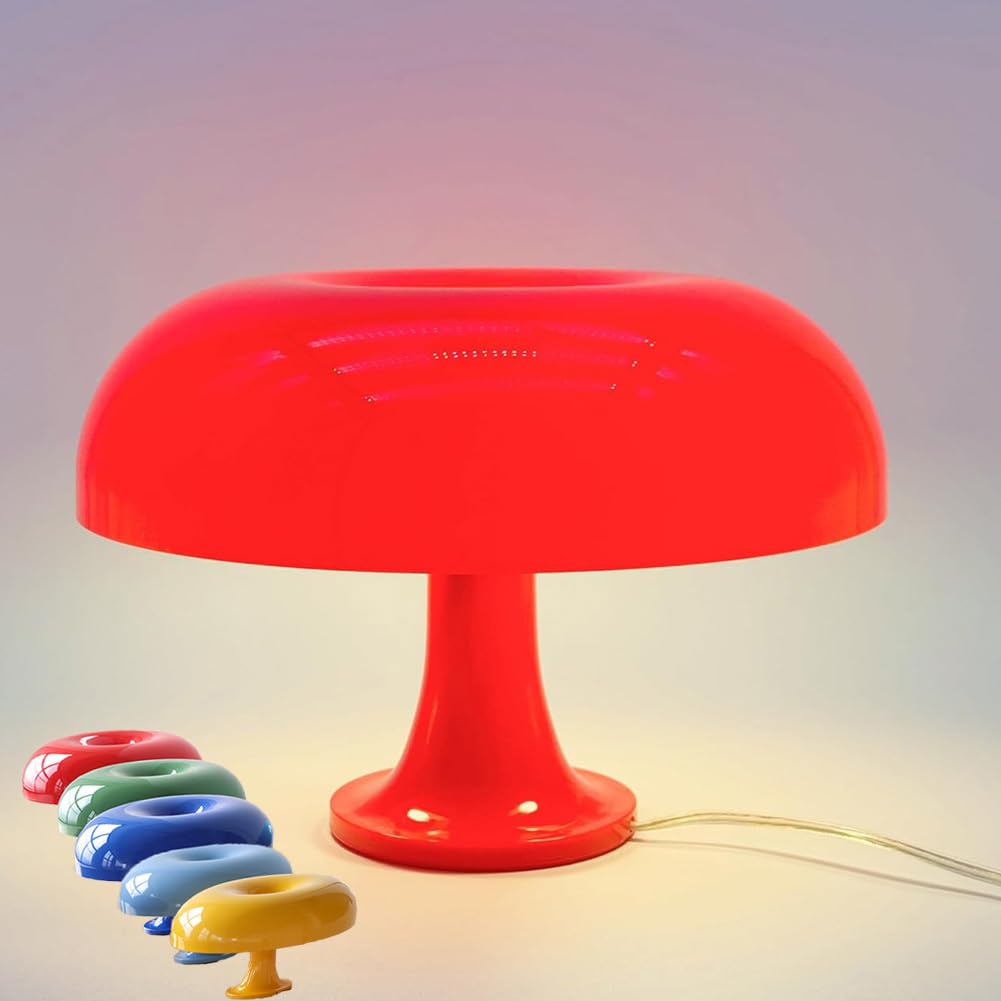 LOGT Mushroom Shaped Table Lamp Orange with Cable Switch Dimmable 3000K/4000K/6000K Bedside Lamp 3 Brightness Settings Decorative Indoor Desk Light Modern for Living Room and Bedroom,Red