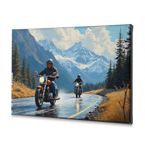 Tableau de decoration pour salle de bain avec paysage montagne et moto sur toile 40x60