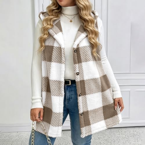 Womens Fleece Vest Fuzzy Plaid Sleeveless Hooded Button Down Sherpa Jacket - image 7