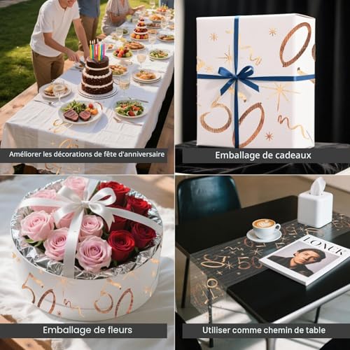 ddckj Chemin de Table Anniversaire 50 Ans 28CM x 10M Chemin de Table Joyeux Anniversaire Deko Or Rose pour 50 Femme Homme Décoration Fête Table Fille Garçon Décoration Party – vue 7