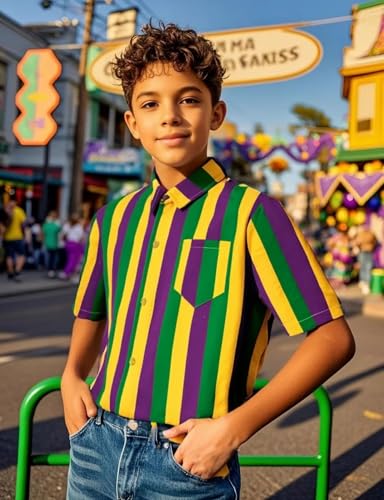 COSLAND Boys' Mardi Gras Button Down Shirt, Kids Novelty Striped Top, X-Small-Large2