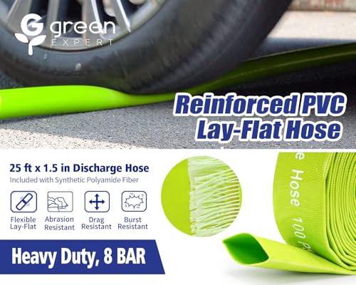 Image of Green Expert 1.5HP Submersible Sump Pump Kit with 25 ft Lay-Flat Discharge Hose, 6000 GPH 304 Stainless Steel Water Removal Pump with Tethered Float Switch for Basement, Sump Pit & Pool Drainage