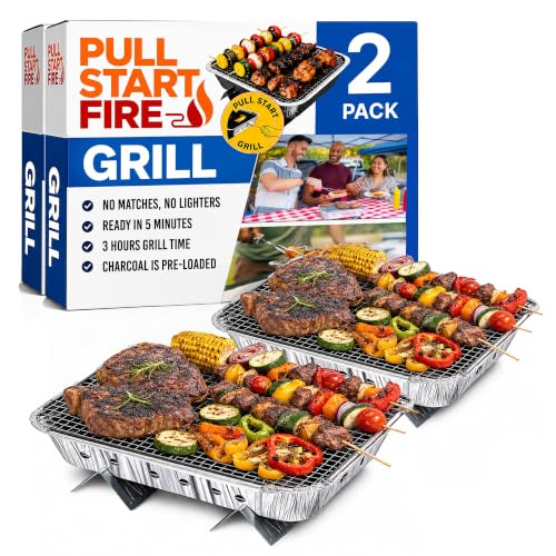 Pull Start Fire Grill - Portable Charcoal Grill with Pull Start Matchless Ignition Single Use Disposable Charcoal BBQ for Camping Tailgating Outdoor Cooking Ready in 5 Min 3 Hour Burn - 2 Pack