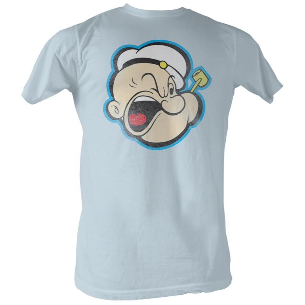 Popeye The Sailorman Head Color Distressed Light Blue Mens T-shirt