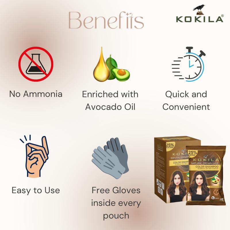 Image of Kokila Unisex Hair Color Shampoo Enriched With Almond Oil in Just 5 Minute, Long-Lasting Instant Hair Color Brown Pack of 15 (18ML Each)