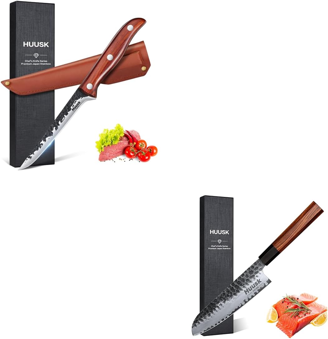Huusk Professional Japanese Santoku Knife 7 Inch Bundle With Boning Knife for Meat Cutting Gift for Dad