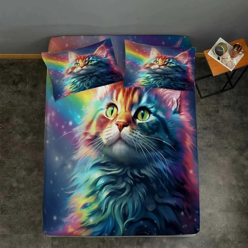 Drap Housse 140x200 Chat Drap-Housse Arc-en-Ciel Draps Housse Microfibre avec Grand Bonnet de 30 cm, et 2 Taies d'oreillers, Lot Drap Housse, pour Matelas...