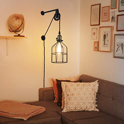 Antique Cage Hanging Wall Sconces Plug In For Bedroom Kitchen Living Room , Adjustable Pulley Wall Lamp Light Fixture For Bedside Reading ,Farmhouse Industrial Modern Mid Century Wall Décor (No Bulb) #TOP2