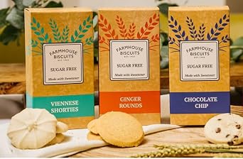 بسكويت خالي من السكر في المزرعة لمرضى السكر اختيار مجموعة متنوعة من Vareity Box مع حزمة تغذية zamfoods I Pack of 3 I - Viennese Shorties، Ginger & Choc Chip Cookies
