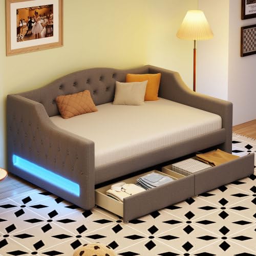 Upholstered Daybed with 2 Drawers and LED Belt, Twin XL Size Sofa Bed, Linen Tufted Day Bed for Living Room, Bedroom (Grey+Drawers)